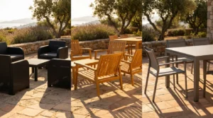 Comparaison visuelle de trois salons de jardin en résine tressée, bois et aluminium sous un soleil intense