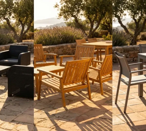Comparaison visuelle de trois salons de jardin en résine tressée, bois et aluminium sous un soleil intense