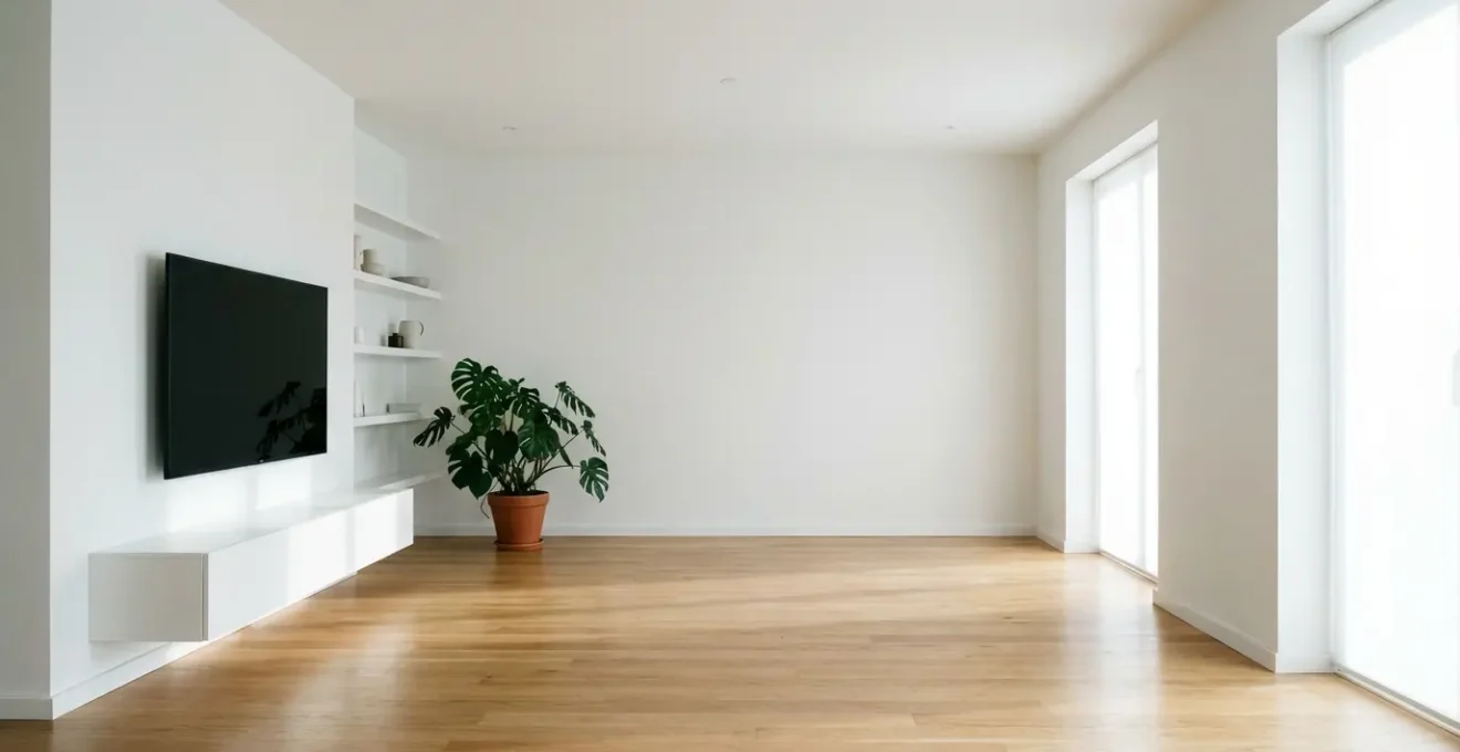 Salon moderne épuré avec meubles flottants et tons clairs créant une impression d'espace agrandi