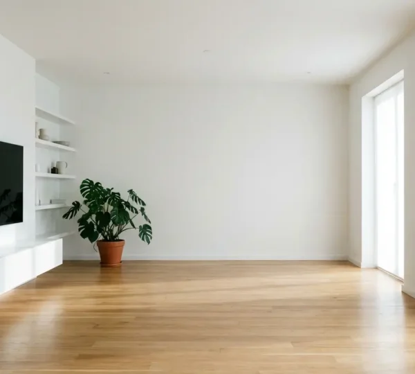 Salon moderne épuré avec meubles flottants et tons clairs créant une impression d'espace agrandi