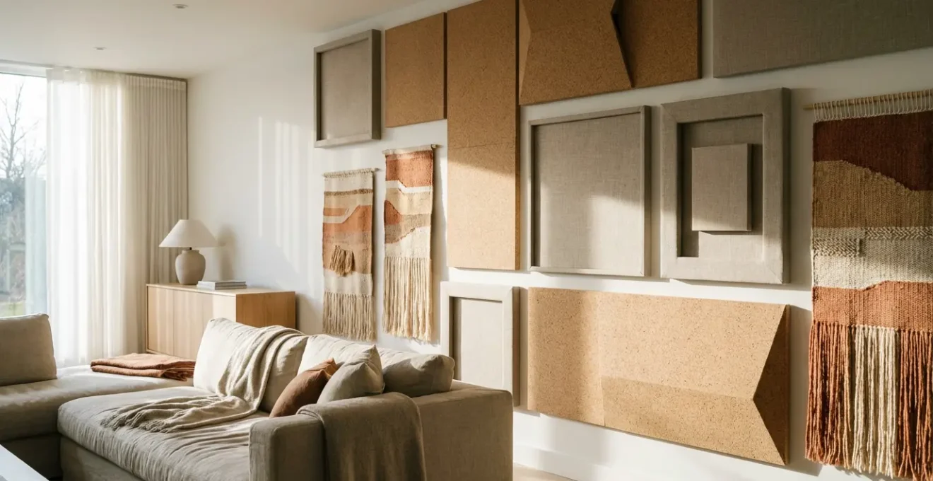 Salon moderne avec mur décoré de différentes textures acoustiques naturelles et éclairage chaleureux