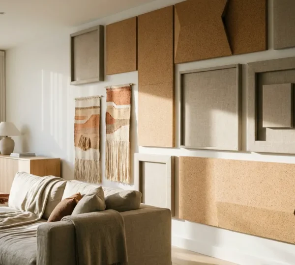 Salon moderne avec mur décoré de différentes textures acoustiques naturelles et éclairage chaleureux