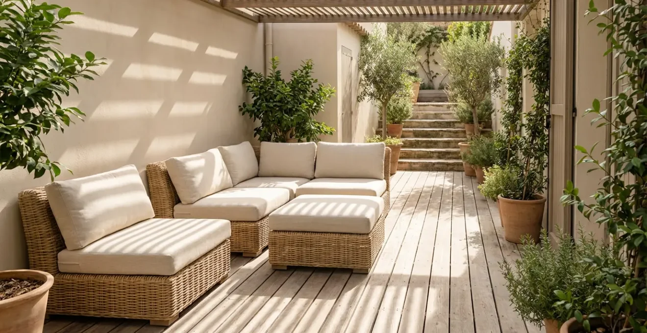 Salon d'extérieur modulaire bas sur terrasse étroite avec passage dégagé vers le jardin