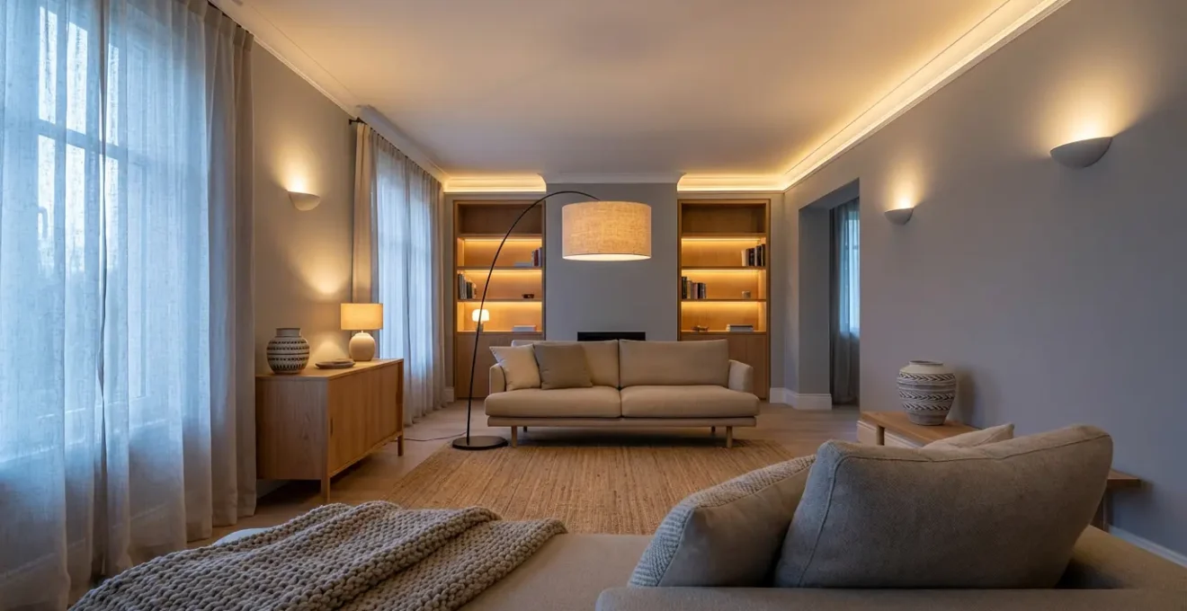 Salon élégant orienté nord avec éclairage multicouche créant une ambiance lumineuse chaleureuse