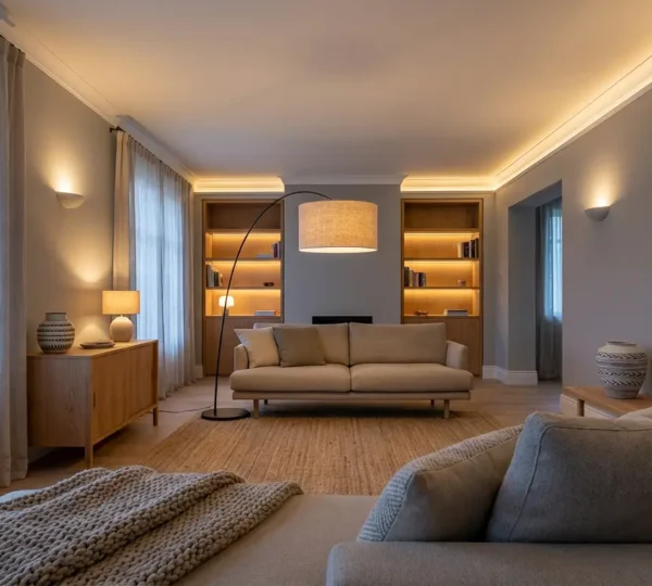 Salon élégant orienté nord avec éclairage multicouche créant une ambiance lumineuse chaleureuse