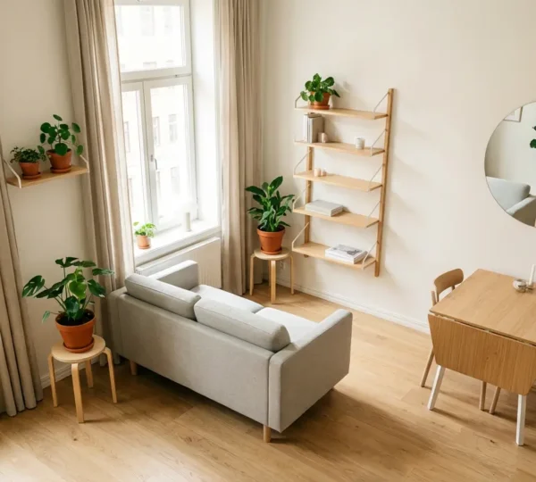Salon salle à manger dans un espace de 20m² aménagé avec mobilier modulable et tons clairs