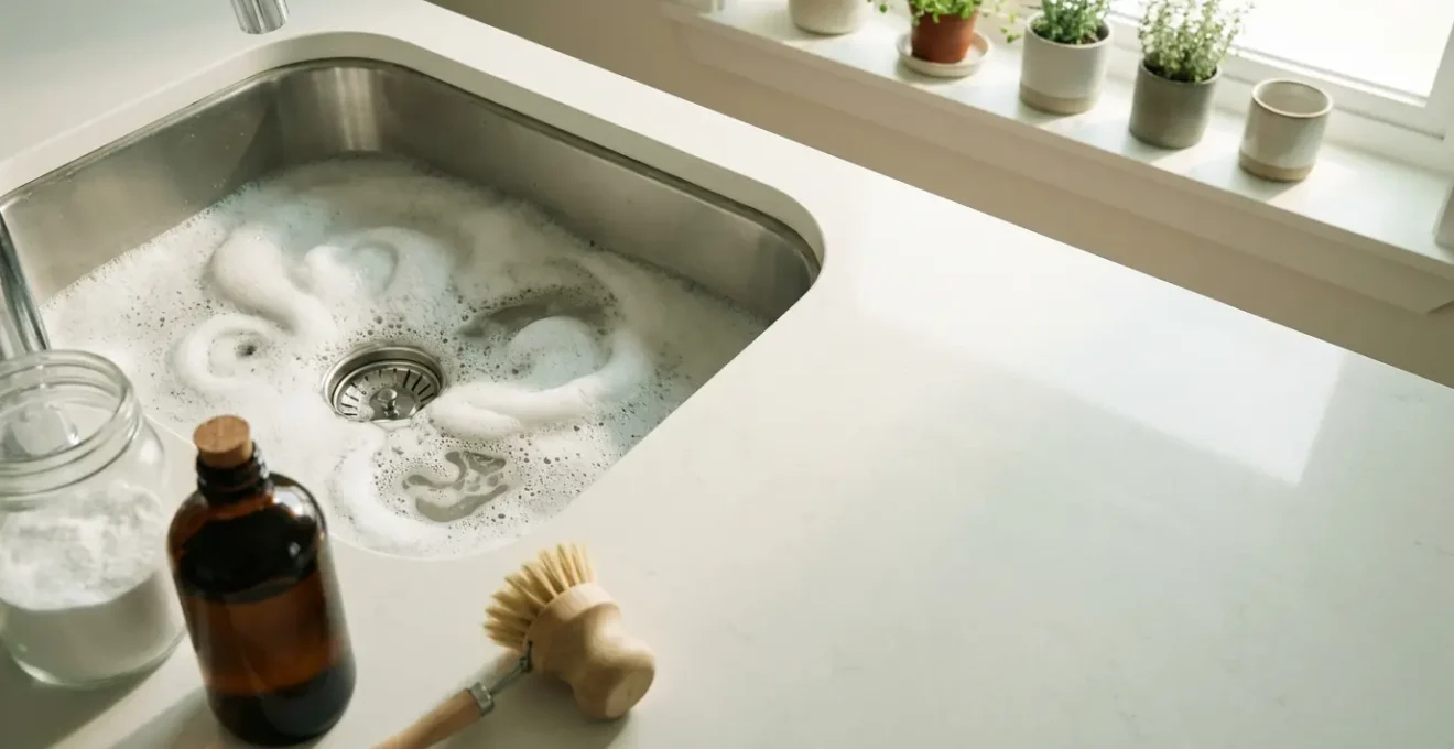 Débouchage naturel d'un siphon d'évier de cuisine avec bicarbonate et vinaigre