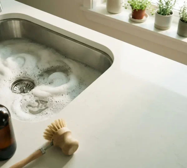 Débouchage naturel d'un siphon d'évier de cuisine avec bicarbonate et vinaigre