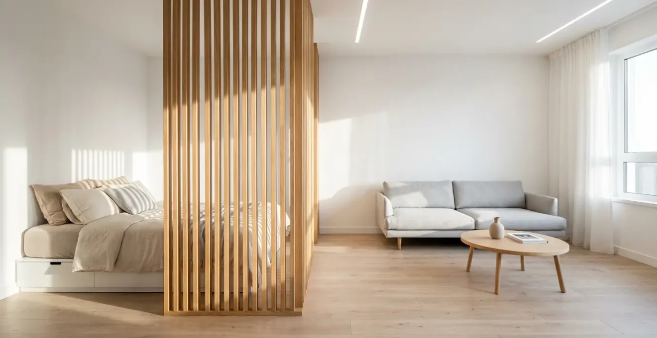 Un studio lumineux avec un claustra en bois naturel séparant harmonieusement l'espace nuit du salon
