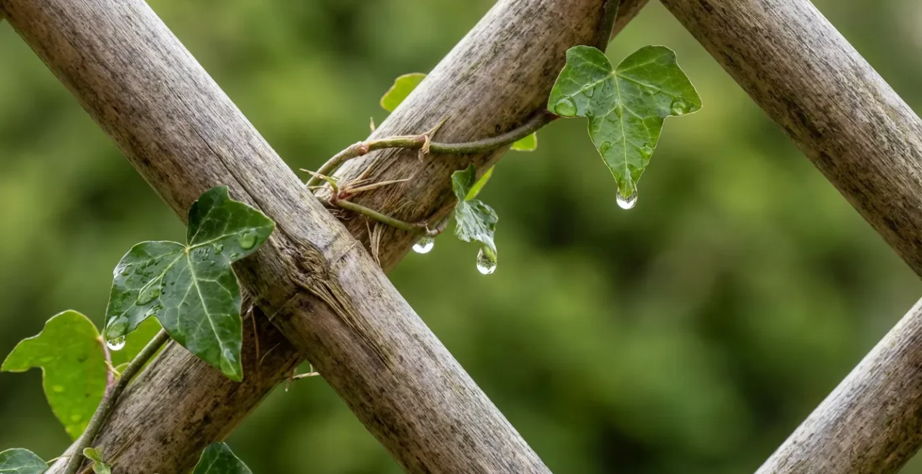 Gros plan sur une canisse en bambou avec lierre grimpant entrelacé montrant la texture naturelle