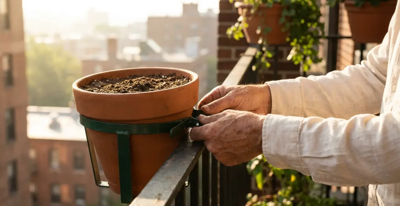 Système d'ancrage discret de jardinières sur un balcon urbain exposé au vent