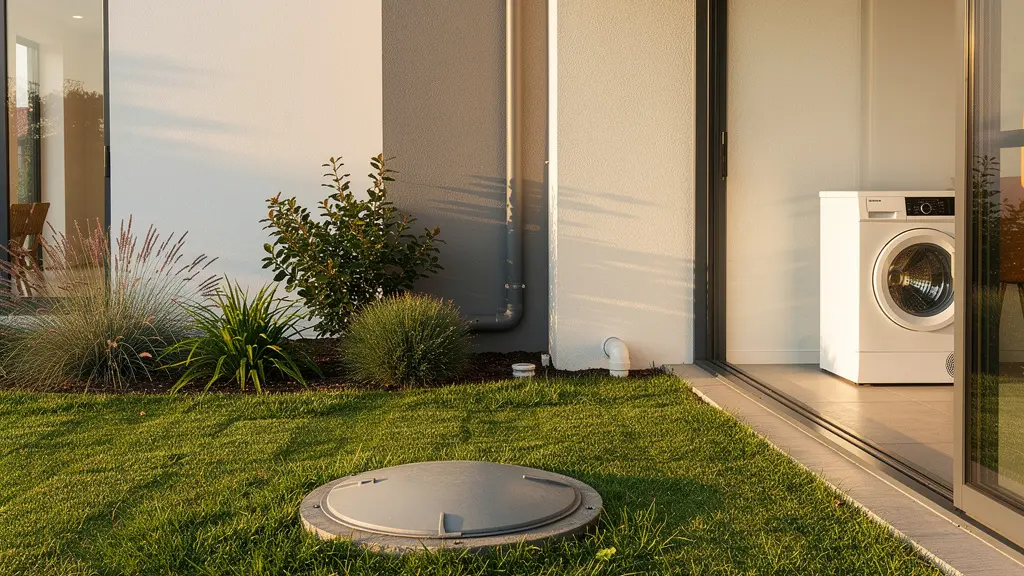 Installation domestique moderne de récupération d'eau de pluie pour machine à laver avec cuve enterrée