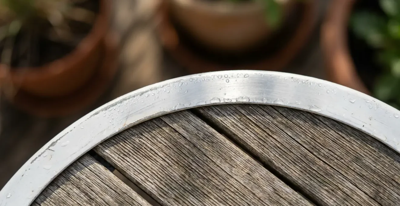 Table ronde en métal sur terrasse étroite avec circulation optimisée