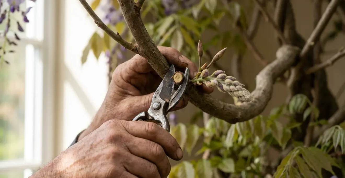 Mains expertes taillant une glycine montrant la différence entre œil à bois et œil à fleur