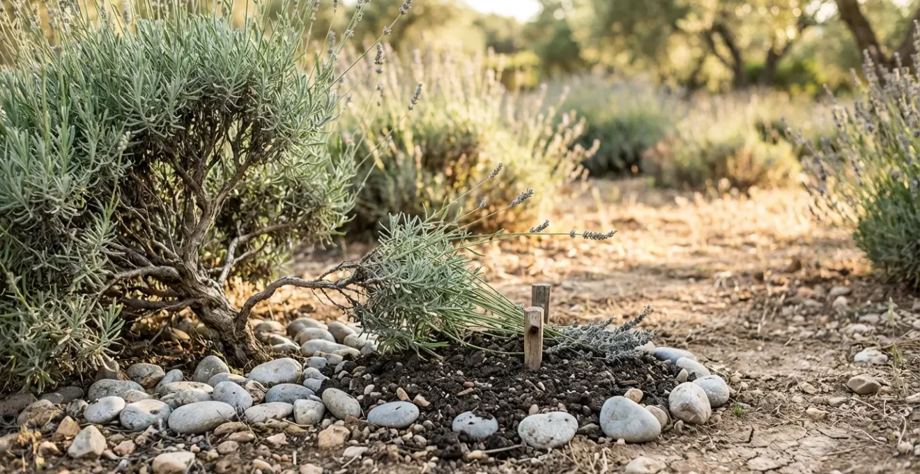 Branche basse de lavande courbée au sol avec terre recouvrant la partie médiane pour le marcottage