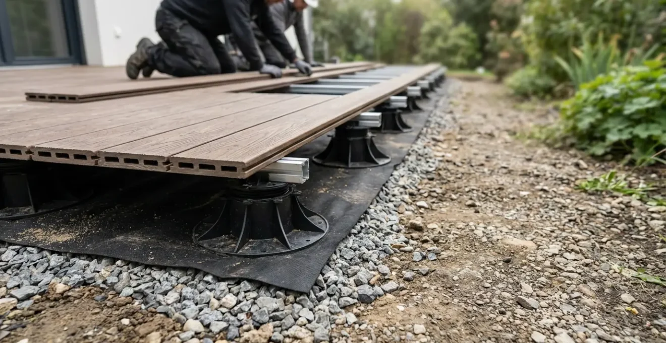 Terrasse en composite sur plots réglables avec gravier et géotextile visible en coupe