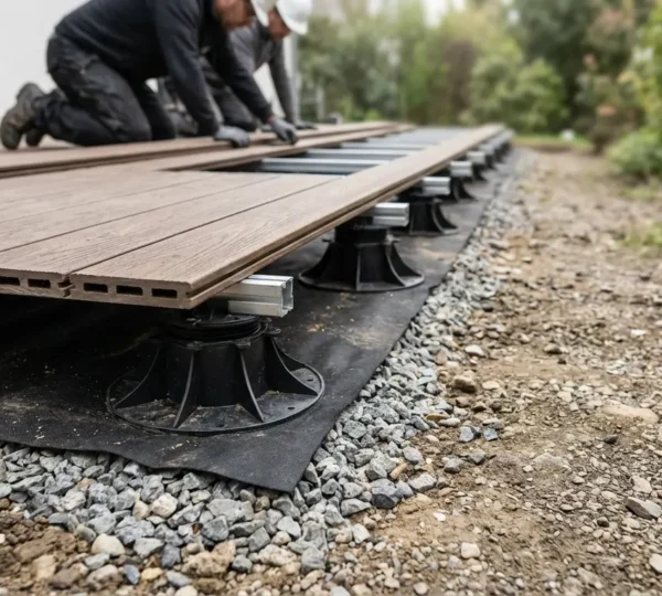 Terrasse en composite sur plots réglables avec gravier et géotextile visible en coupe