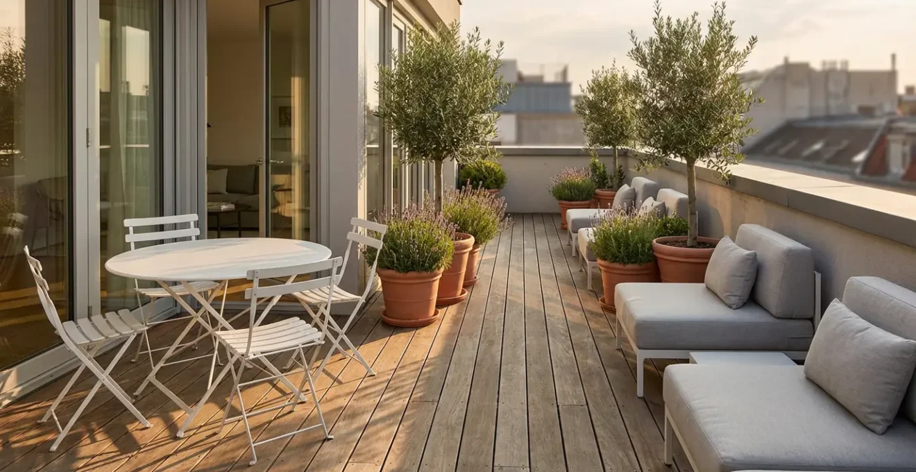 Vue d'ensemble d'une terrasse étroite et longue aménagée avec coin repas et salon d'extérieur