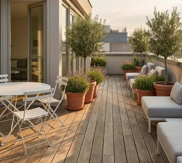 Vue d'ensemble d'une terrasse étroite et longue aménagée avec coin repas et salon d'extérieur
