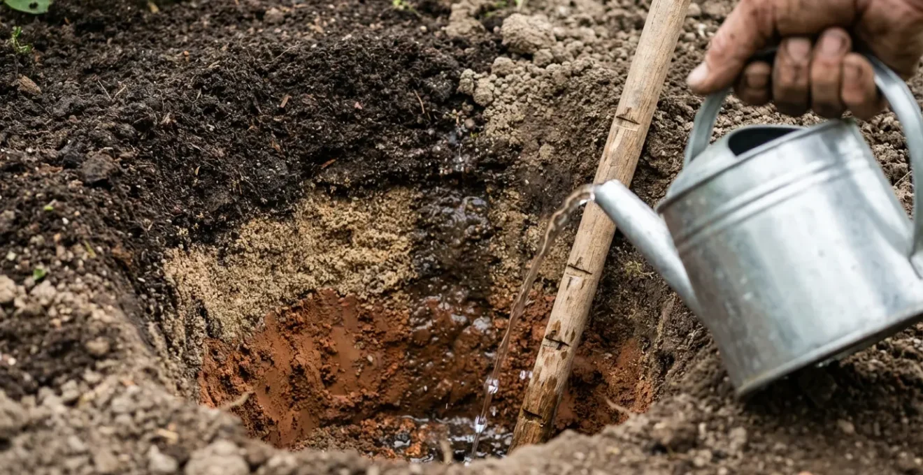Gros plan sur un test de drainage du sol avec de l'eau versée dans un trou creusé dans la terre