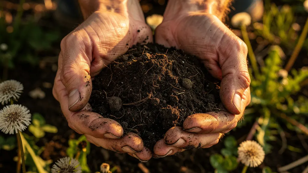 Main tenant une poignée de terre avec plantes indicatrices visibles en arrière-plan