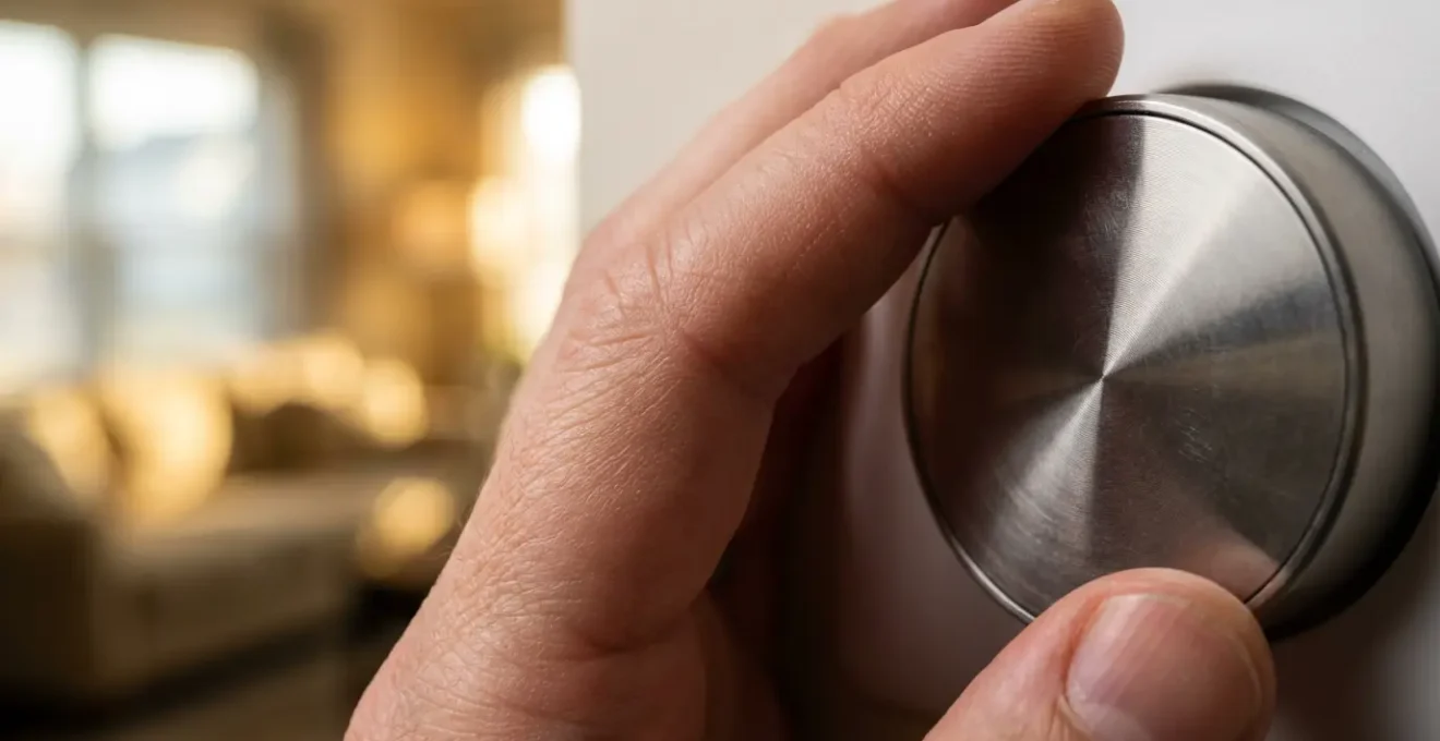 Gros plan sur une main ajustant un thermostat intelligent moderne
