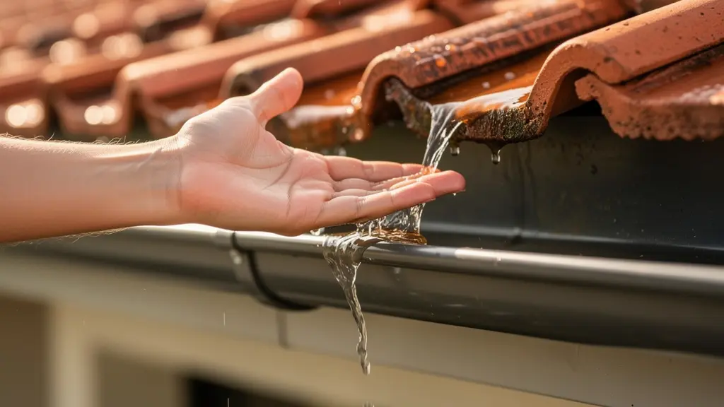 Toiture en tuiles terre cuite avec gouttières pour récupération d'eau de pluie