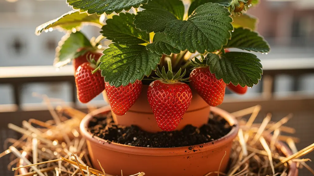 Tour à fraises DIY en pots empilés avec système d'irrigation central sur terrasse urbaine