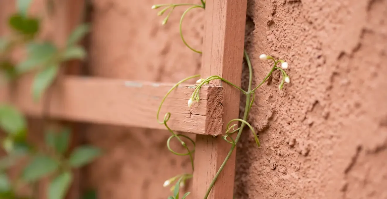Treillis en bois peint de la même couleur que le mur créant un effet caméléon avec des plantes grimpantes