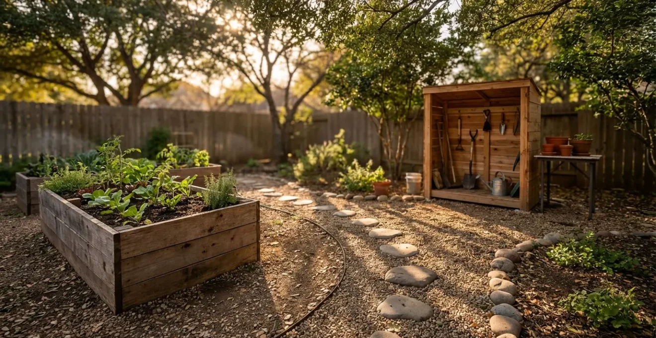 Vue d'ensemble de trois projets de bricolage jardin accessibles aux débutants : carré potager surélevé, pas japonais et abri pour outils