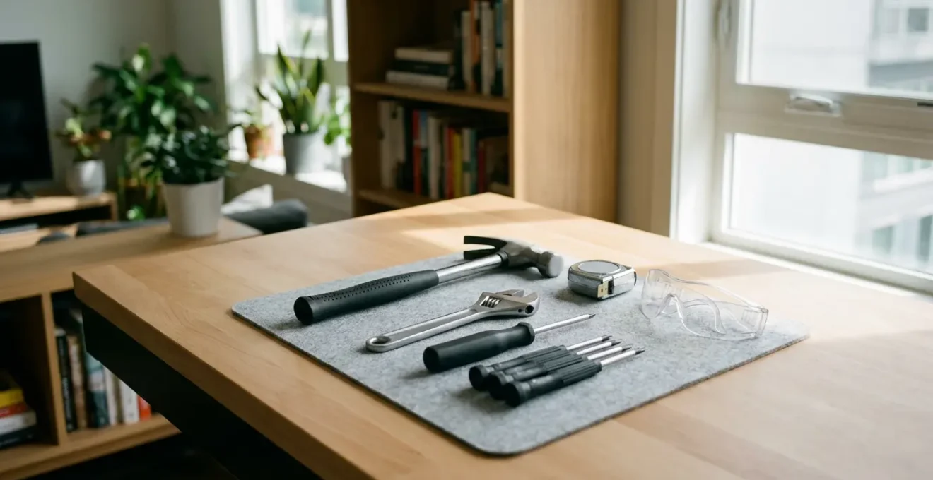 Outils de bricolage essentiels disposés sur un plan de travail en bois dans un appartement moderne