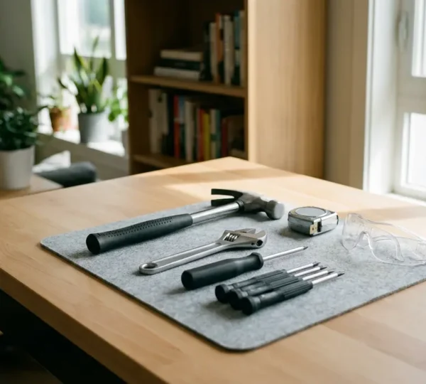 Outils de bricolage essentiels disposés sur un plan de travail en bois dans un appartement moderne