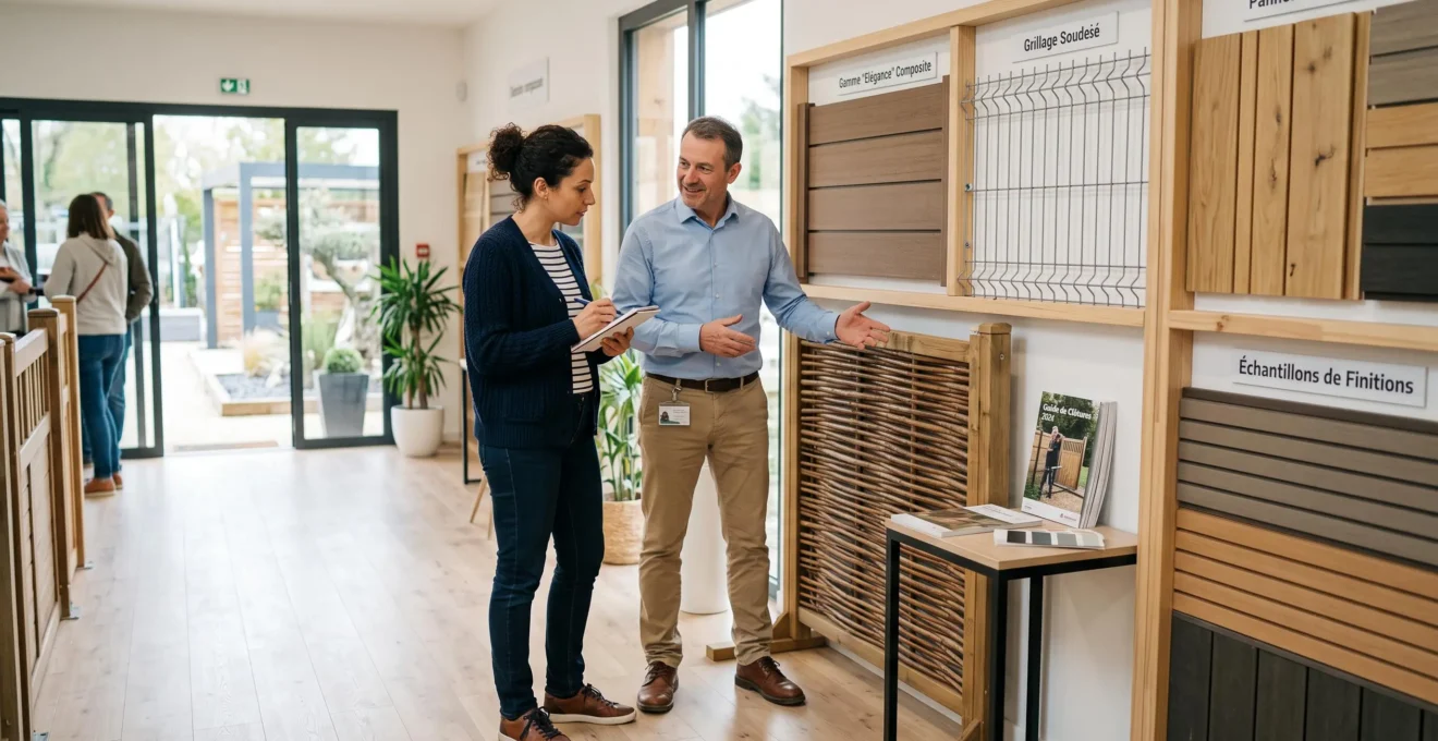 Cliente et conseiller professionnel discutant devant sections de clôtures exposées (bois, grillage, panneaux) dans un showroom aménagement extérieur