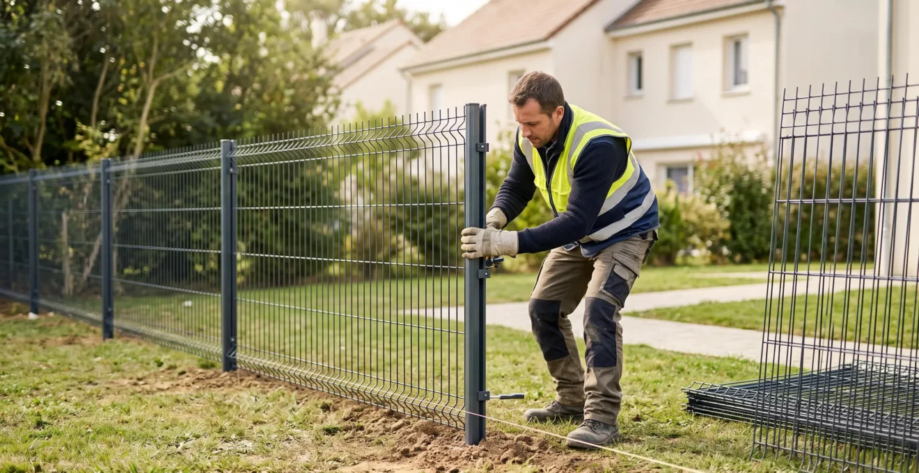 Professionnel installant des panneaux de grillage rigide anthracite sur poteaux métalliques dans un jardin résidentiel français, outils de fixation visibles
