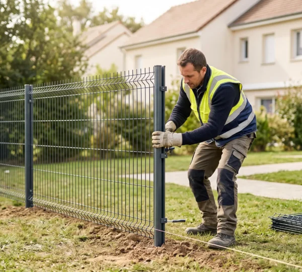 Professionnel installant des panneaux de grillage rigide anthracite sur poteaux métalliques dans un jardin résidentiel français, outils de fixation visibles