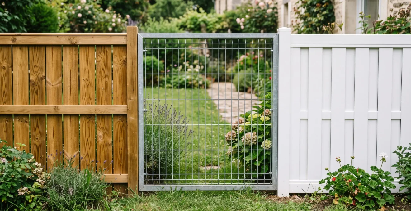 Trois sections de clôtures juxtaposées montrant bois naturel traité, grillage rigide gris métallique et panneaux PVC blancs dans un jardin