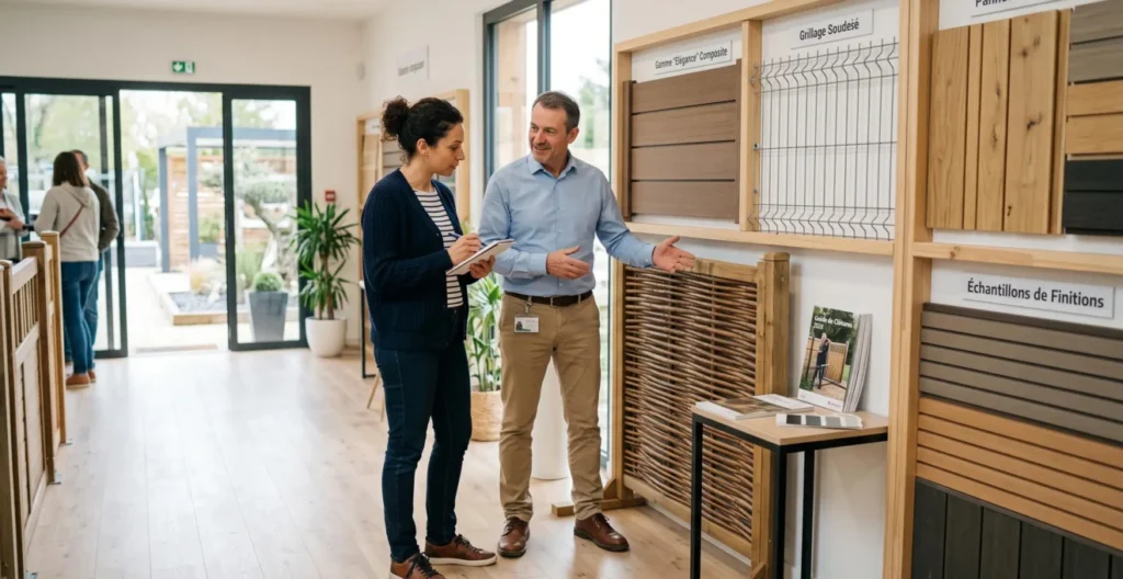 Cliente et conseiller professionnel discutant devant sections de clôtures exposées (bois, grillage, panneaux) dans un showroom aménagement extérieur Cliente et conseiller professionnel discutant devant sections de clôtures exposées (bois, grillage, panneaux) dans un showroom aménagement extérieur