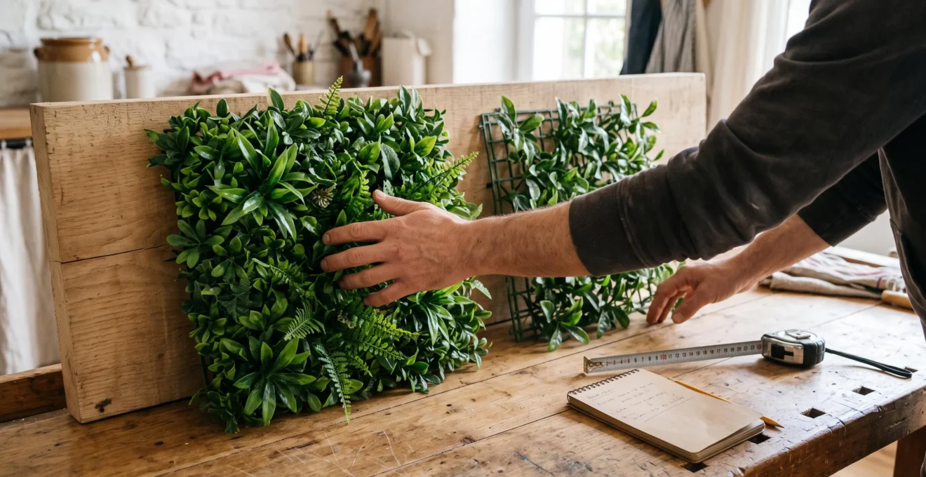 Deux échantillons de panneaux végétaux artificiels posés sur une table en bois avec un mètre ruban.