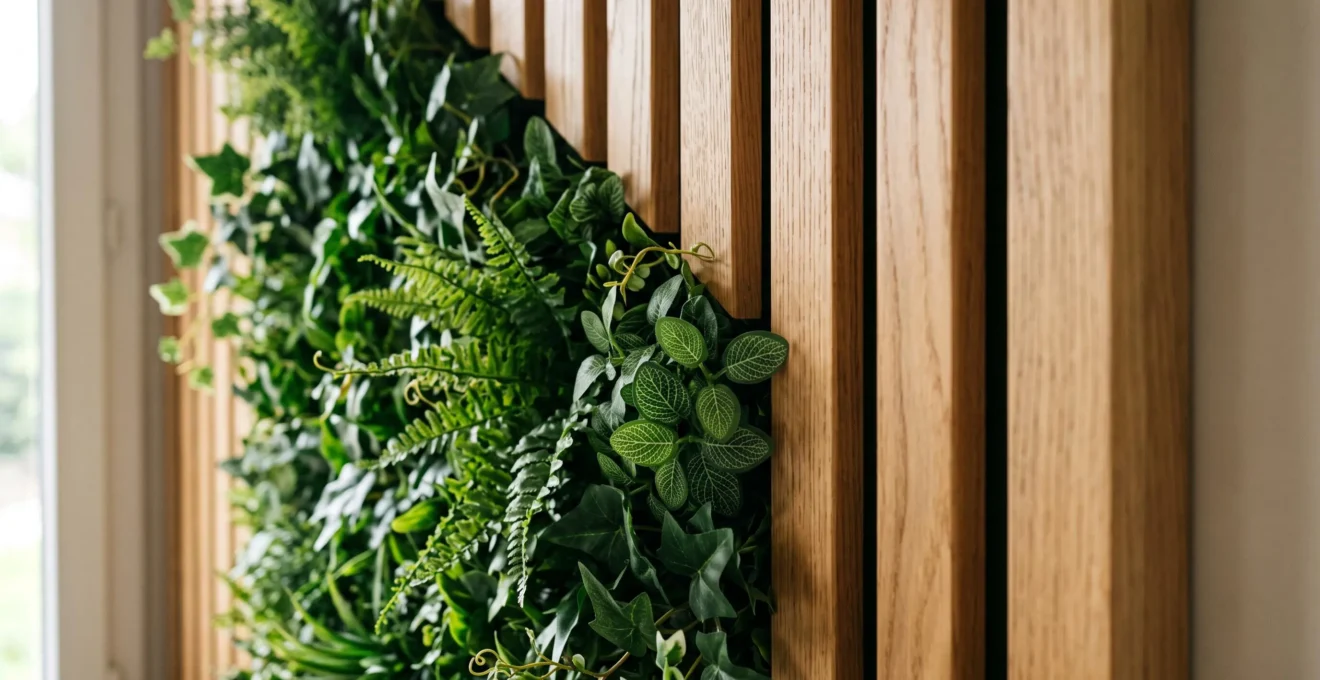 Gros plan sur la jonction entre un panneau de feuillage artificiel et des lattes de bois en chêne.