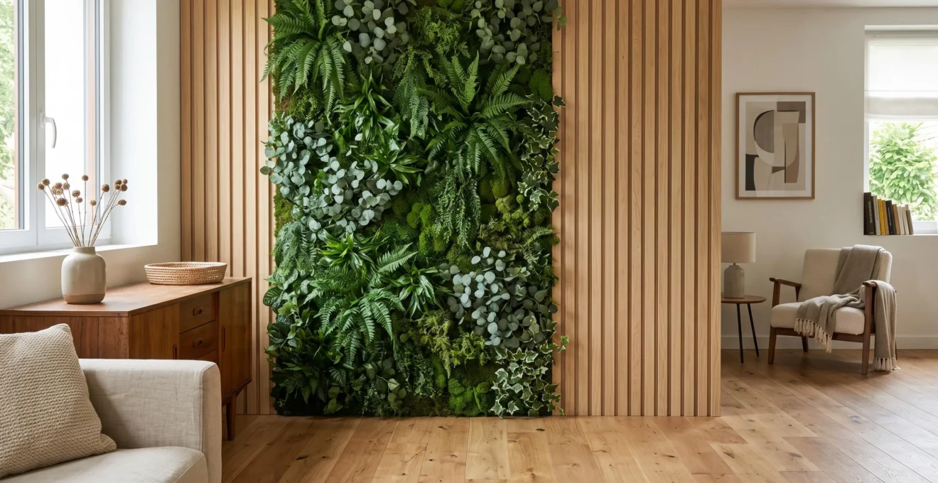 Un salon avec un mur végétal artificiel dense installé sur un support en lattes de bois clair.